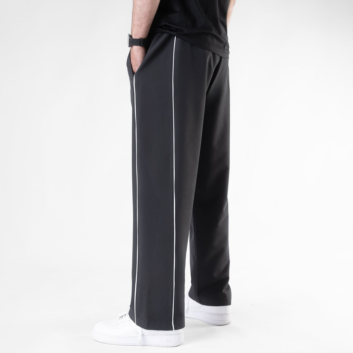 Charcoal Lycra Terry Double Piping Wide Leg Trousers