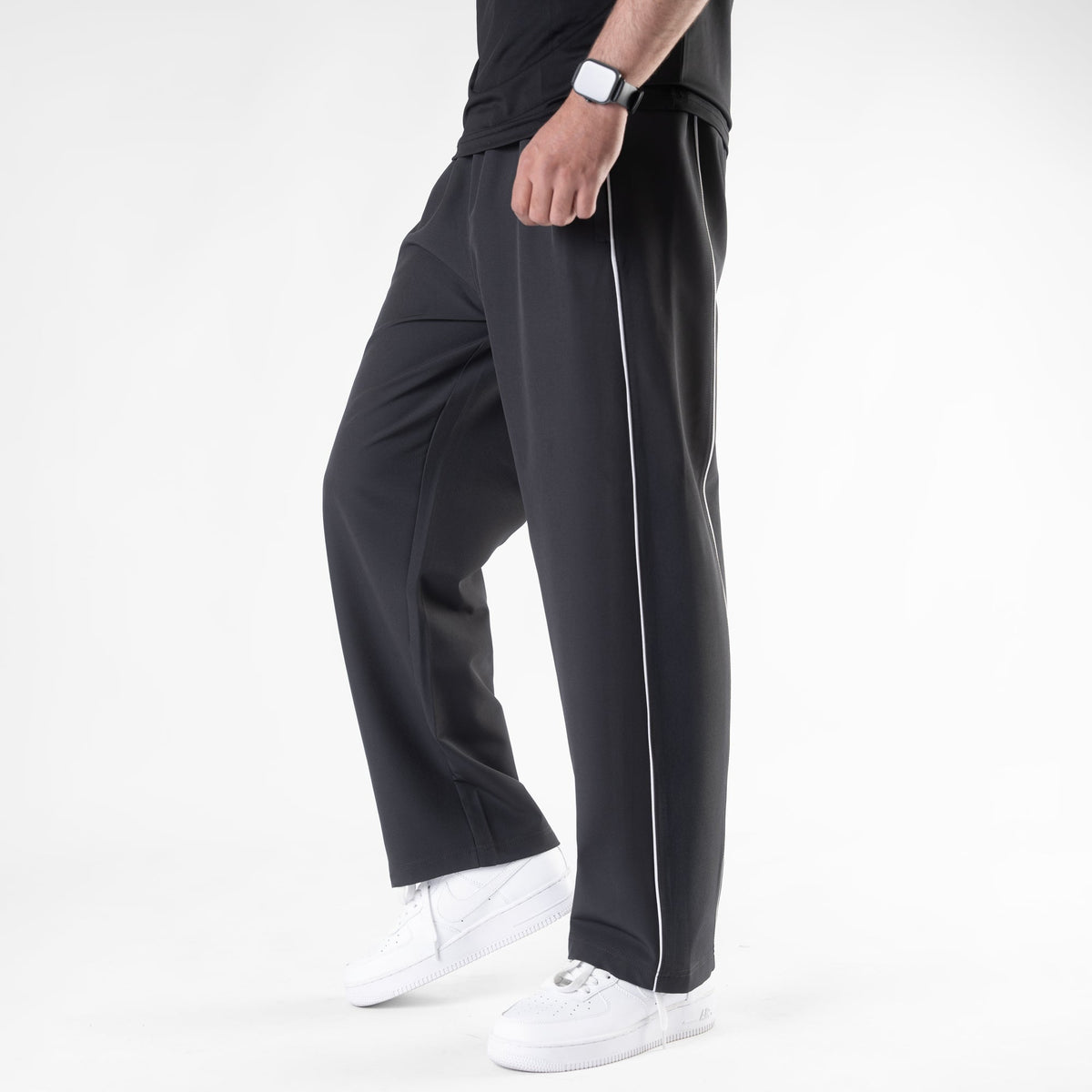 Charcoal Lycra Terry Double Piping Wide Leg Trousers