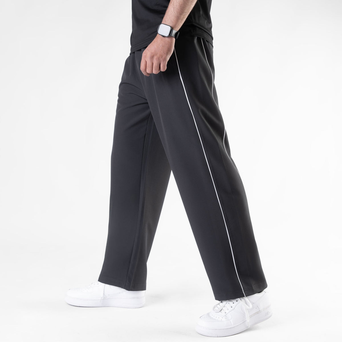 Charcoal Lycra Terry Double Piping Wide Leg Trousers