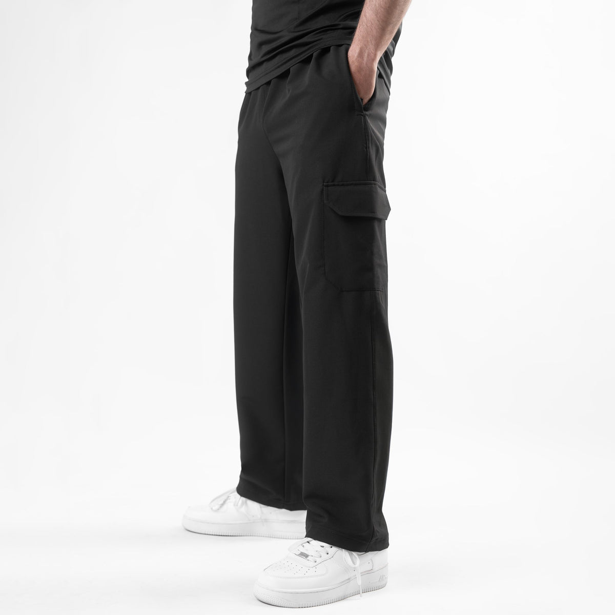 Black Lycra Terry Wide Leg Cargo Trousers