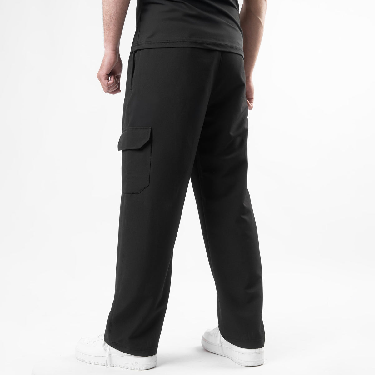 Black Lycra Terry Wide Leg Cargo Trousers