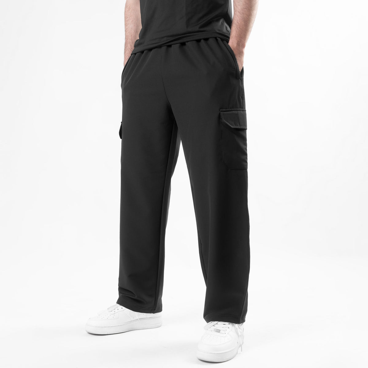 Black Lycra Terry Wide Leg Cargo Trousers