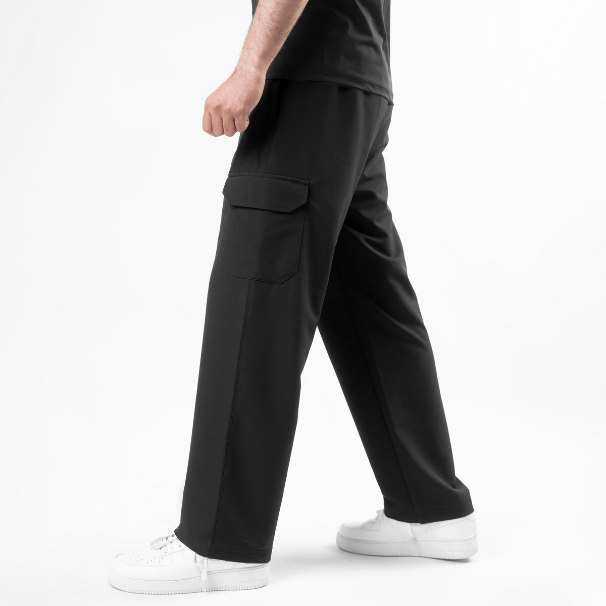 Black Lycra Terry Wide Leg Cargo Trousers