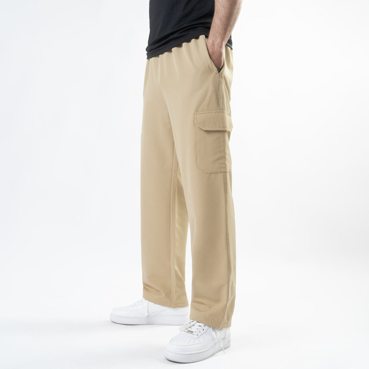 Beige Lycra Terry Wide Leg Cargo Trousers