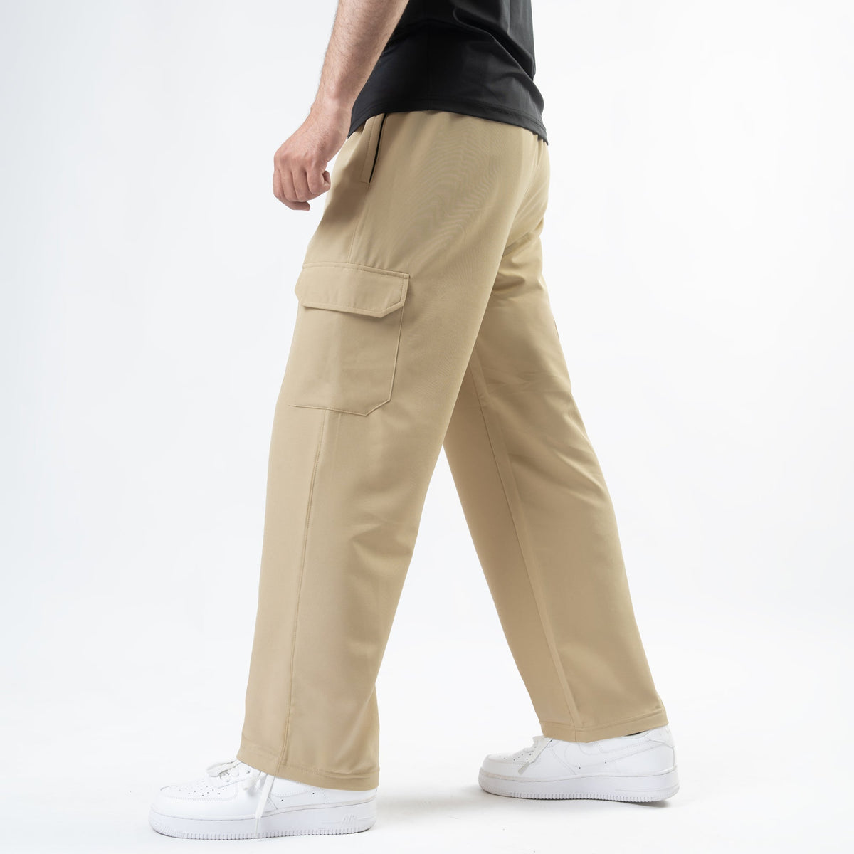 Beige Lycra Terry Wide Leg Cargo Trousers