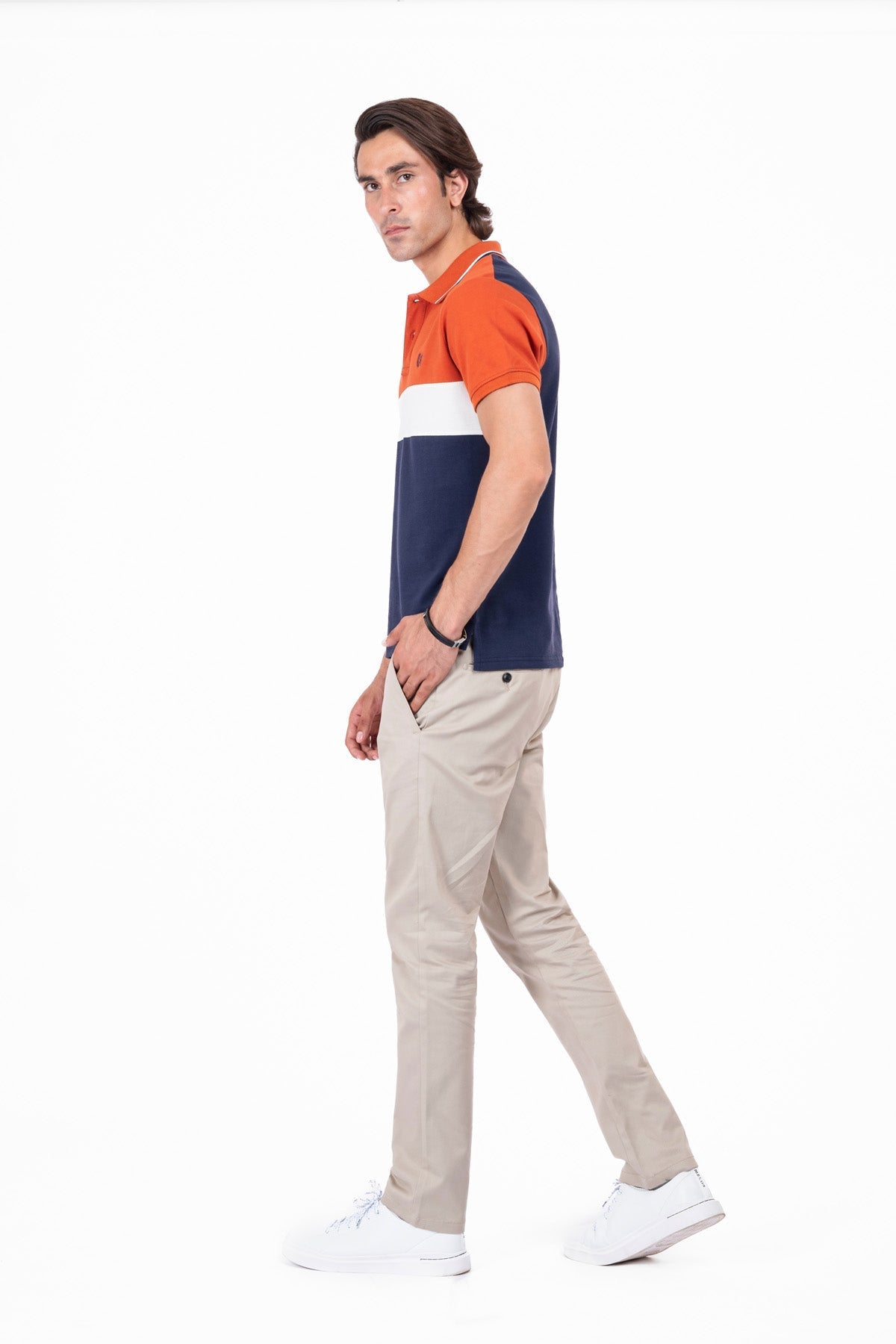 Men Rust &amp; Blue Panelled Polo Shirt