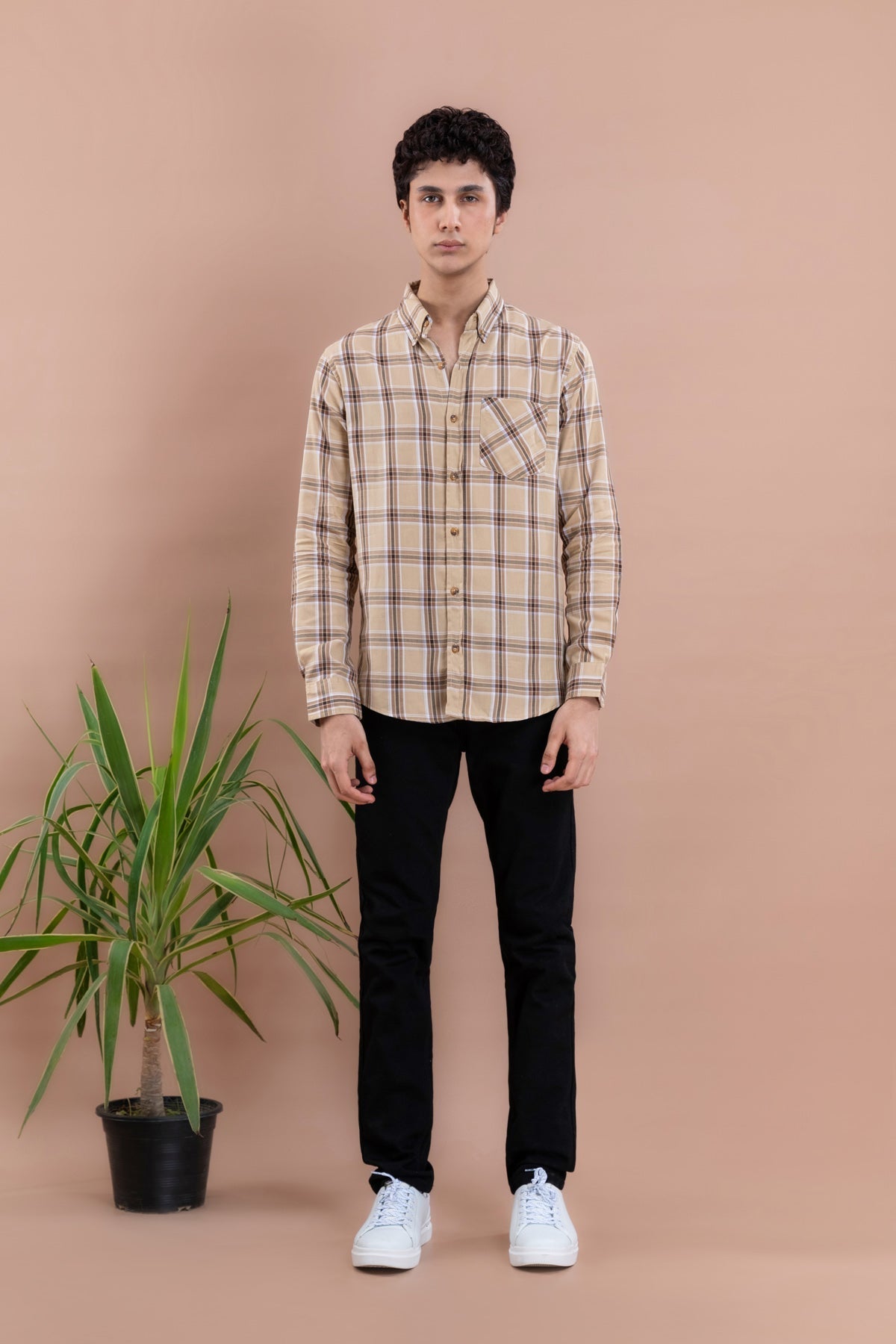 Beige Window Check Men&#39;s Shirt