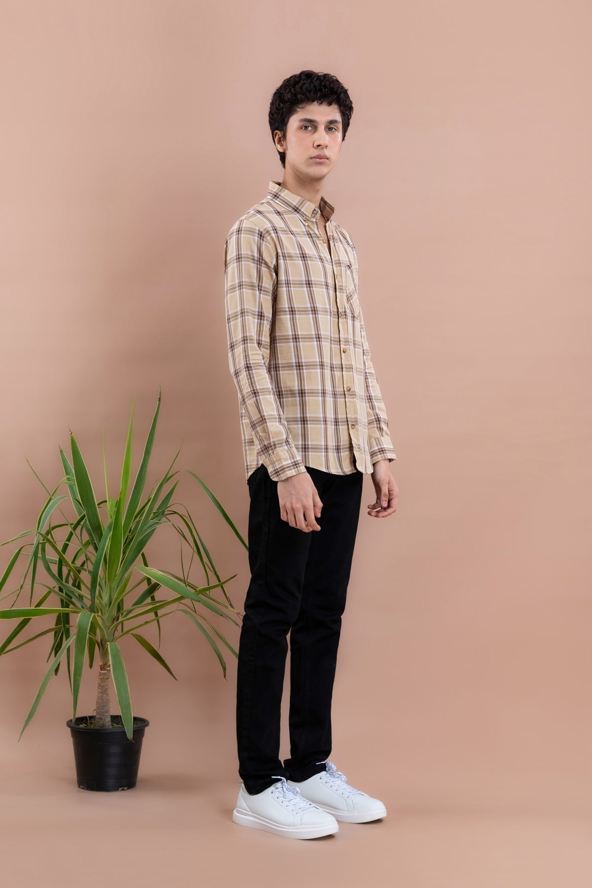 Beige Window Check Men&#39;s Shirt