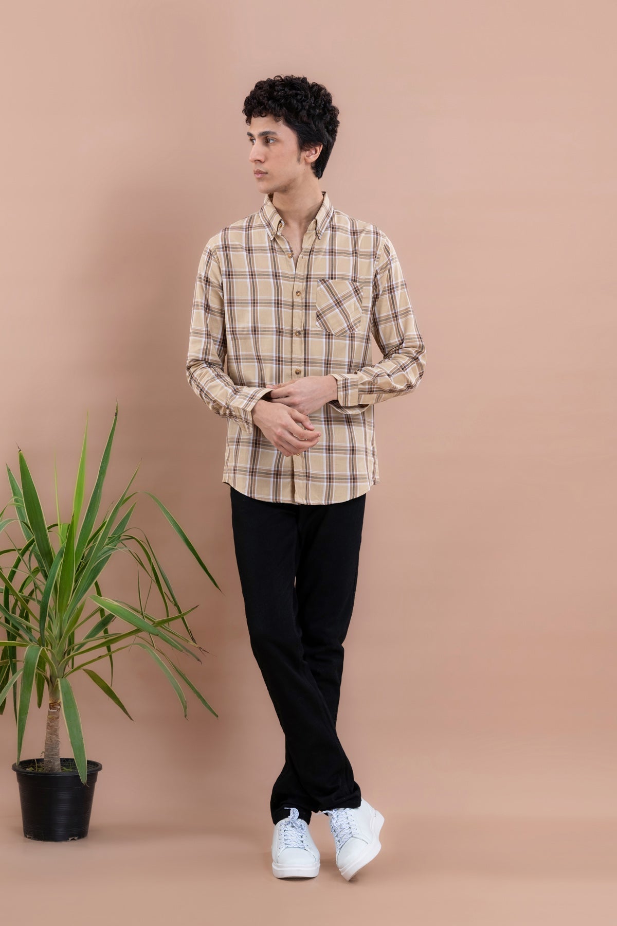 Beige Window Check Men&#39;s Shirt