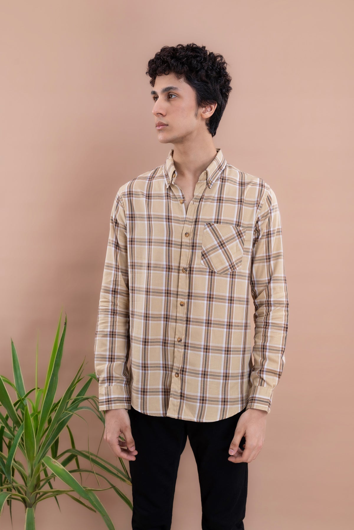 Beige Window Check Men&#39;s Shirt