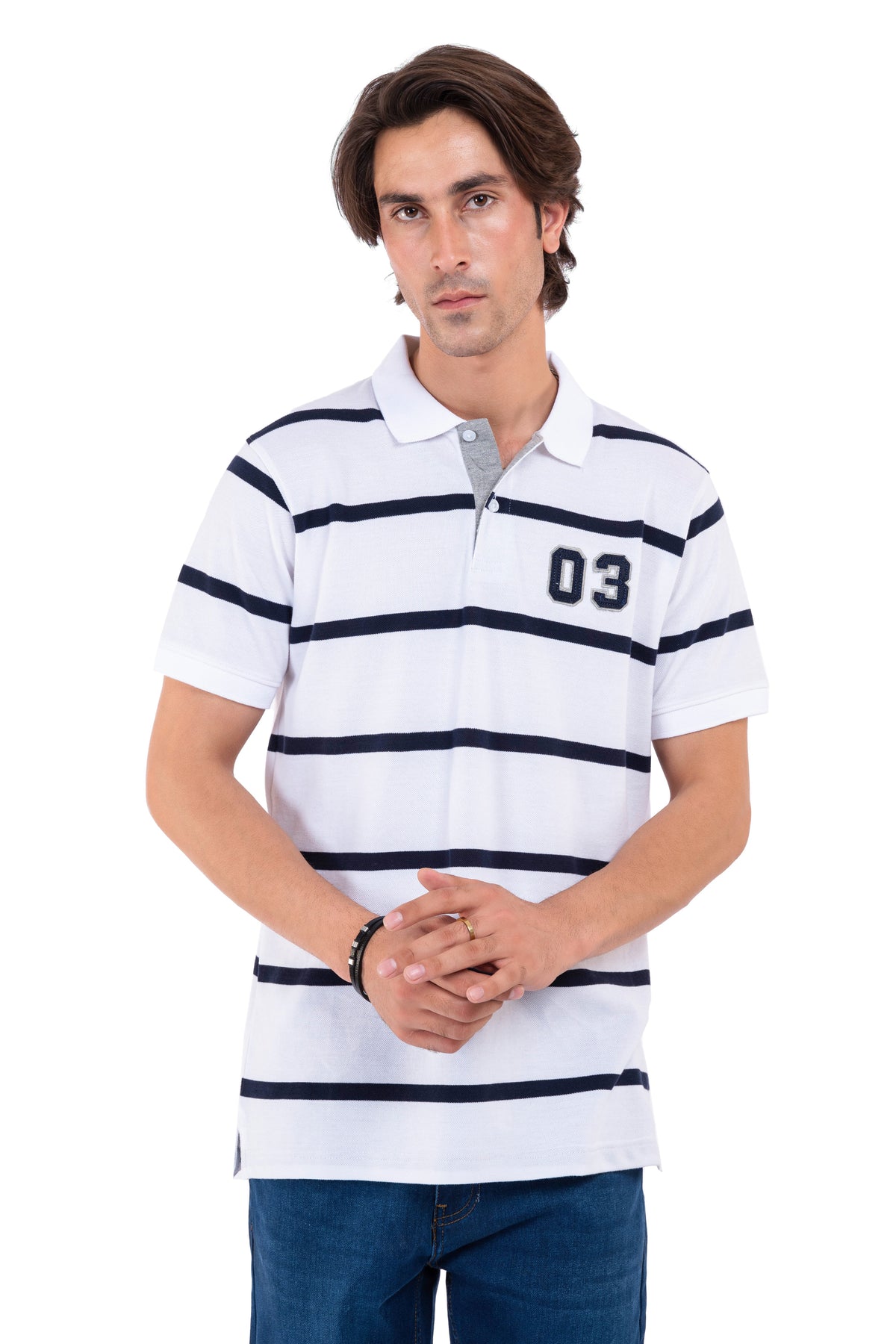 Men&#39;s White &amp; Black Strip Polo