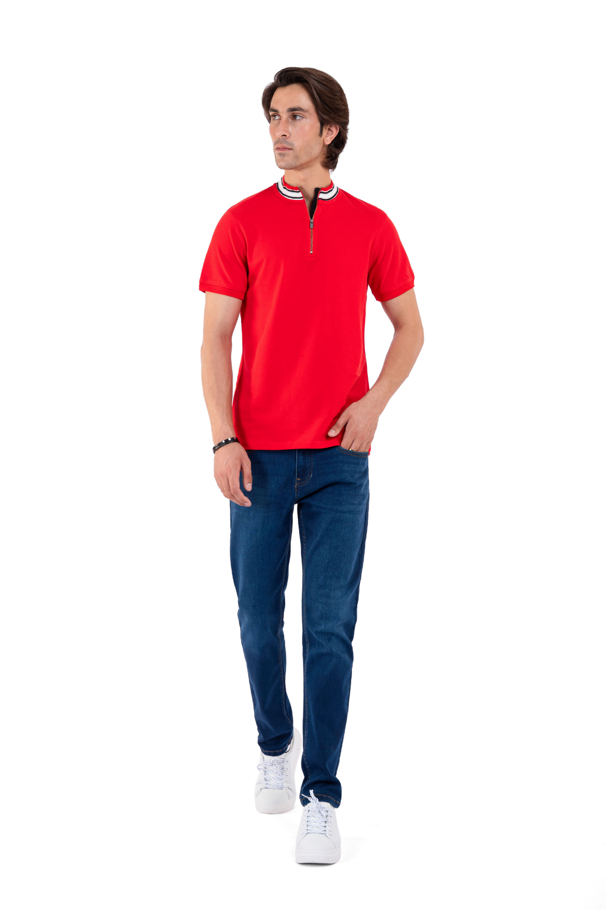 Men&#39;s Red Mock Neck Polo Shirt