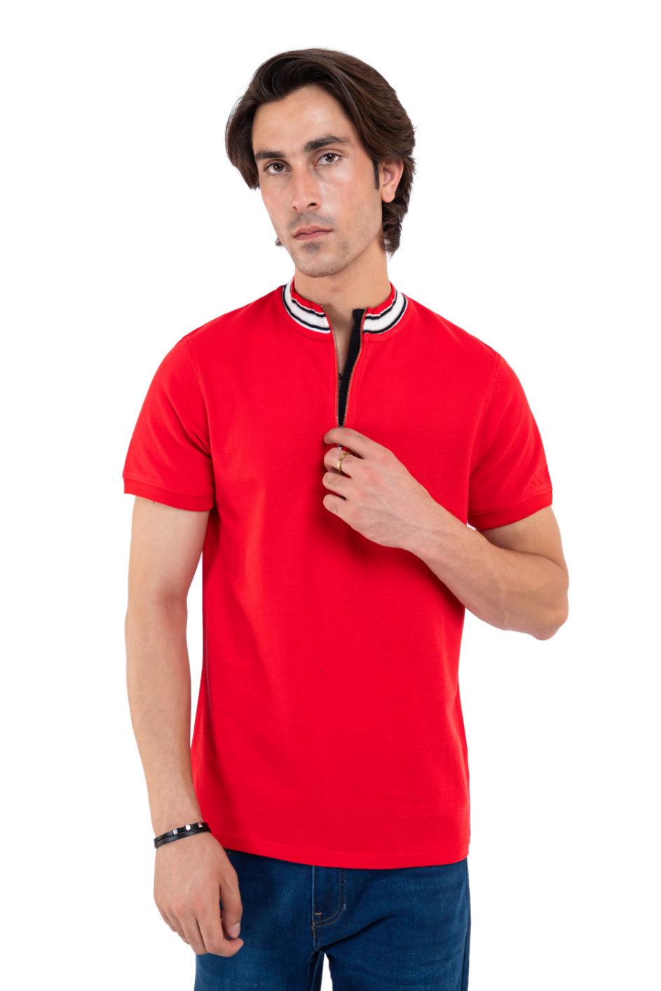 Men&#39;s Red Mock Neck Polo Shirt