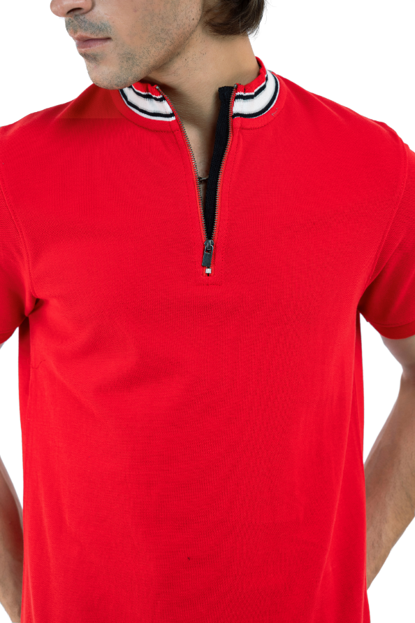 Men&#39;s Red Mock Neck Polo Shirt