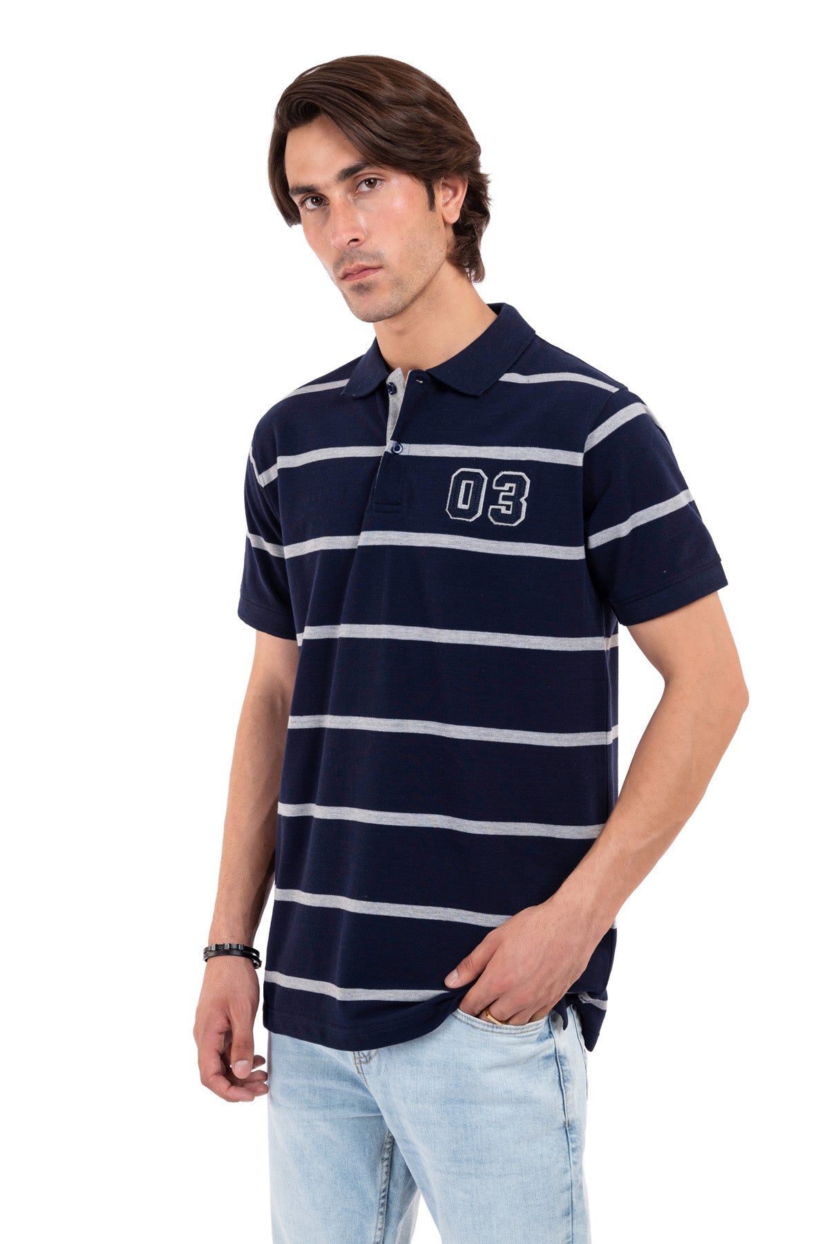 Men&#39;s Navy Blue Striped Polo Shirt