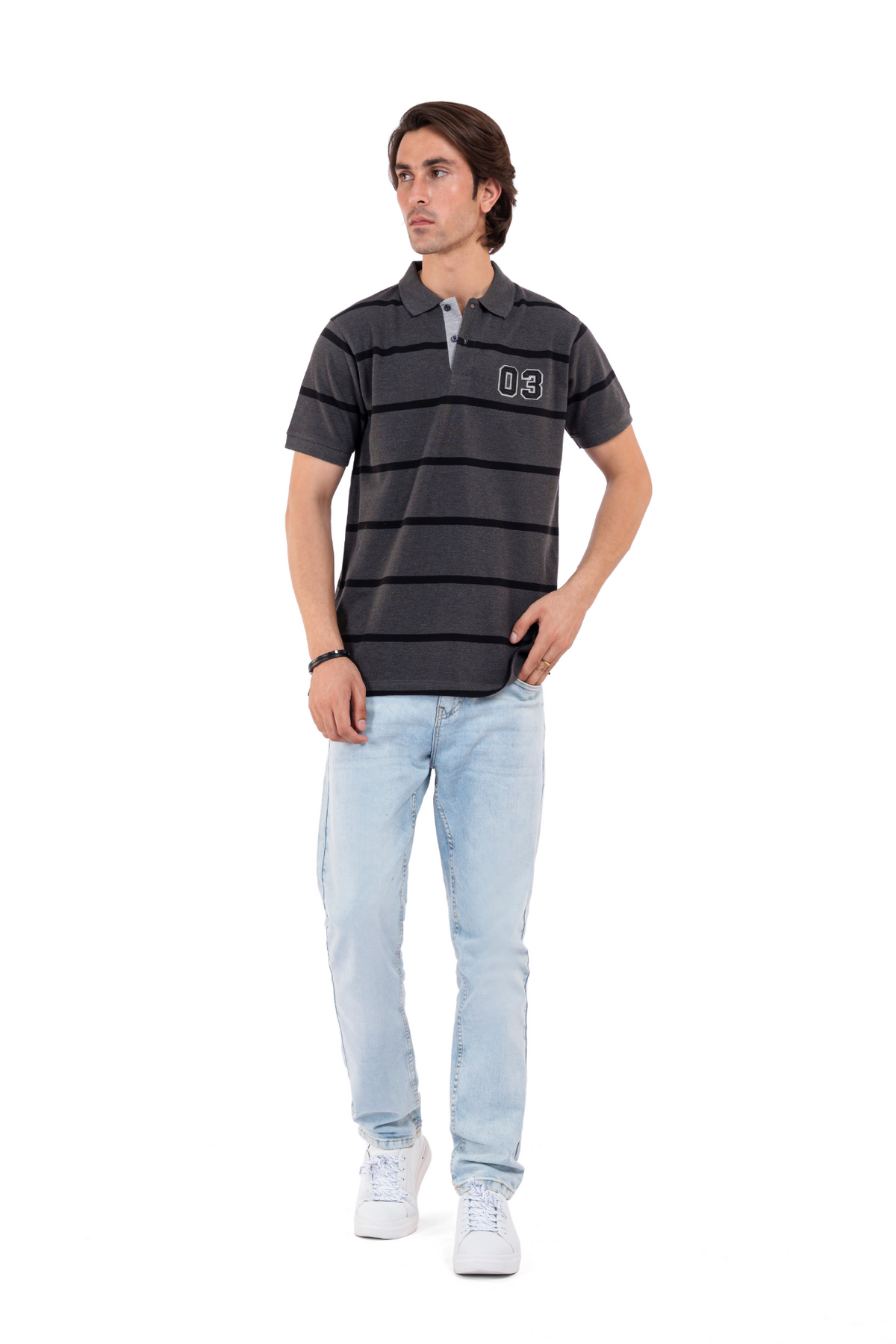 Men&#39;s Charcoal Grey Striped Polo