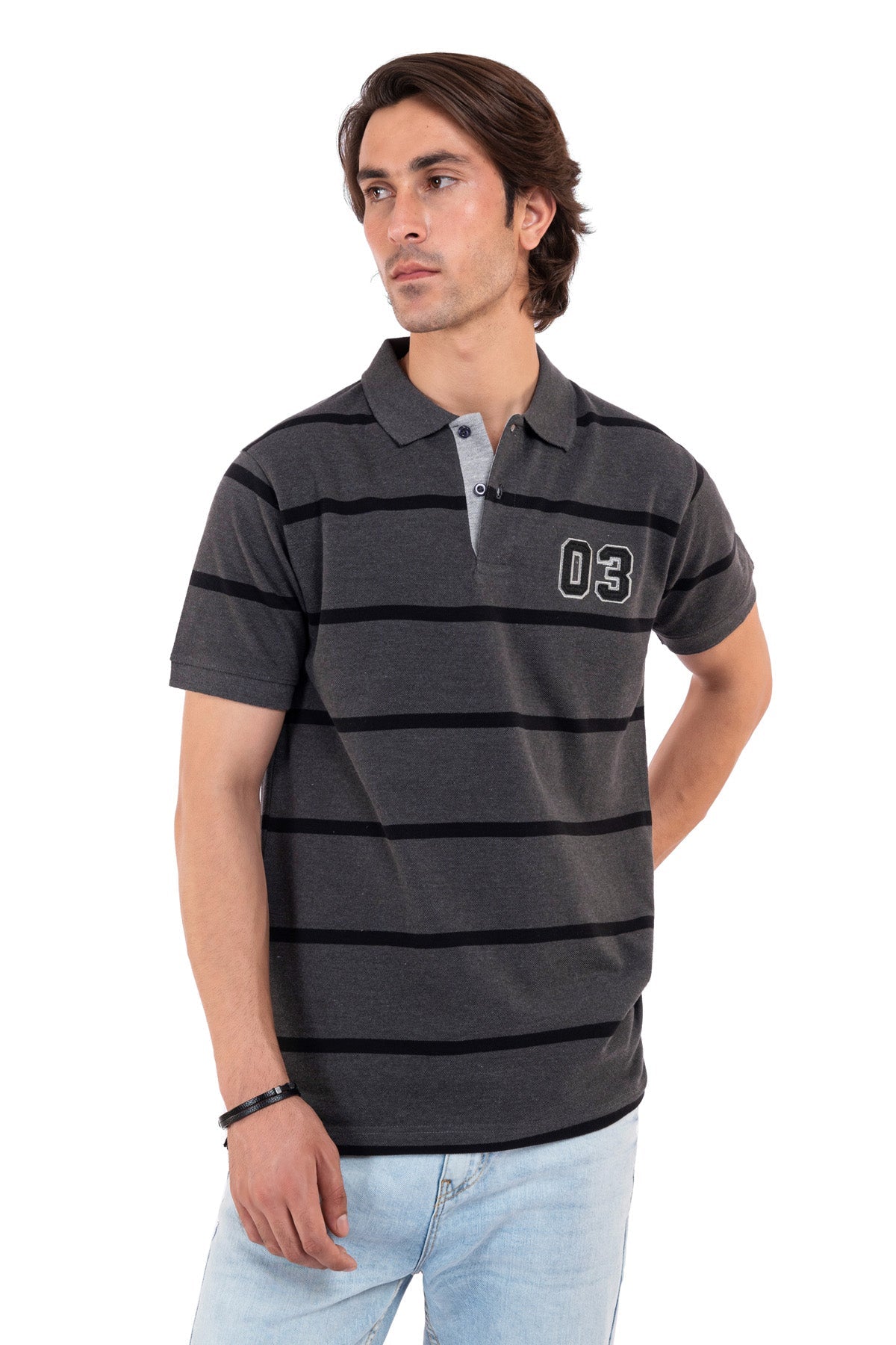 Men&#39;s Charcoal Grey Striped Polo