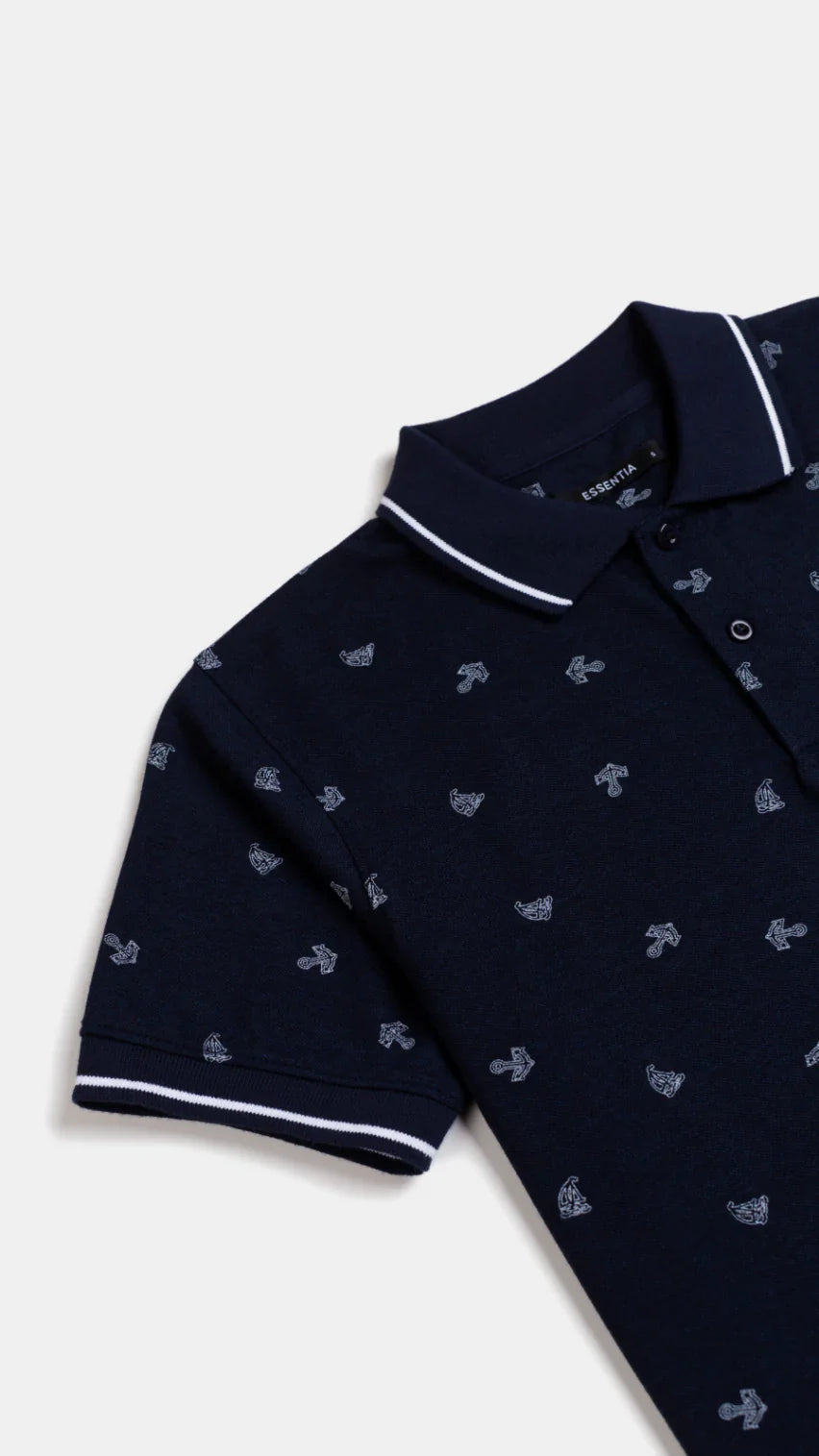 Men&#39;s Printed Navy Blue Polo Shirt