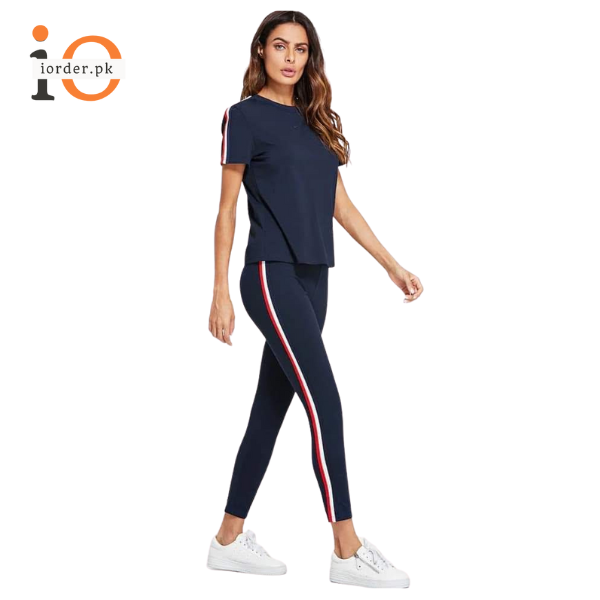 Navy Blue and White Striped Tracksuit Tape Tee &amp; Leggings Pants Set for Women