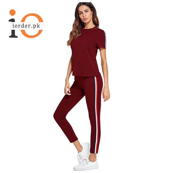 Red and White Striped Tracksuit Tape Tee &amp; Leggings Pants Set for Women