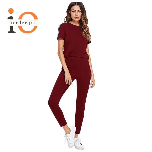 Red and White Striped Tracksuit Tape Tee &amp; Leggings Pants Set for Women