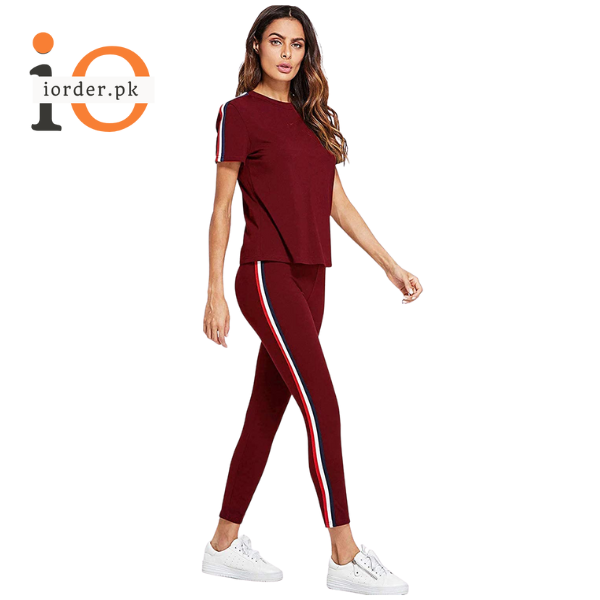 Red and White Striped Tracksuit Tape Tee &amp; Leggings Pants Set for Women