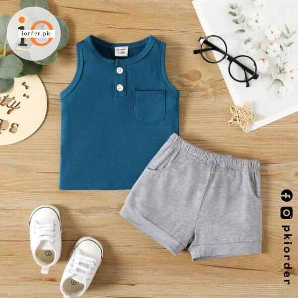 Blue Grey Sleeveless Shorts Set