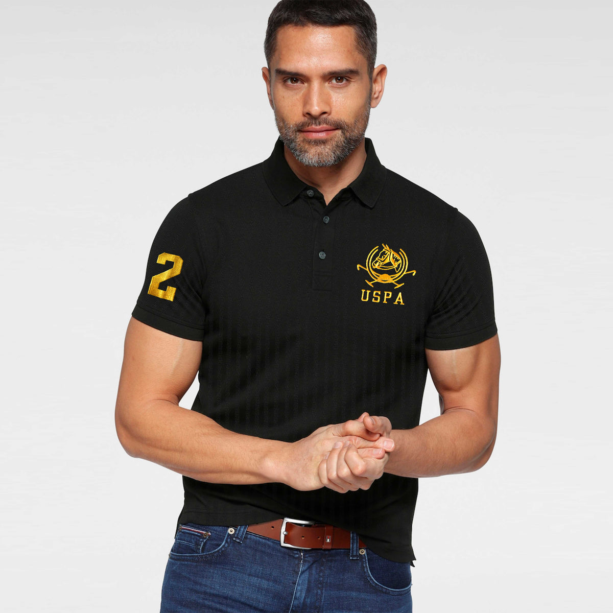 Textured Fabric Black Elite Cotton Polo For Men