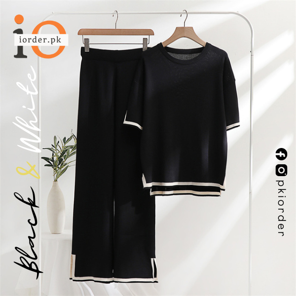 Black &amp; White Slit Short Sleeve T-shirts and High Waist Wide Leg Pants