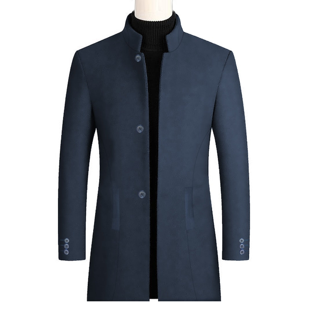 Imported Midnight Regal Stand Woolen Collar Long Coat For Mens