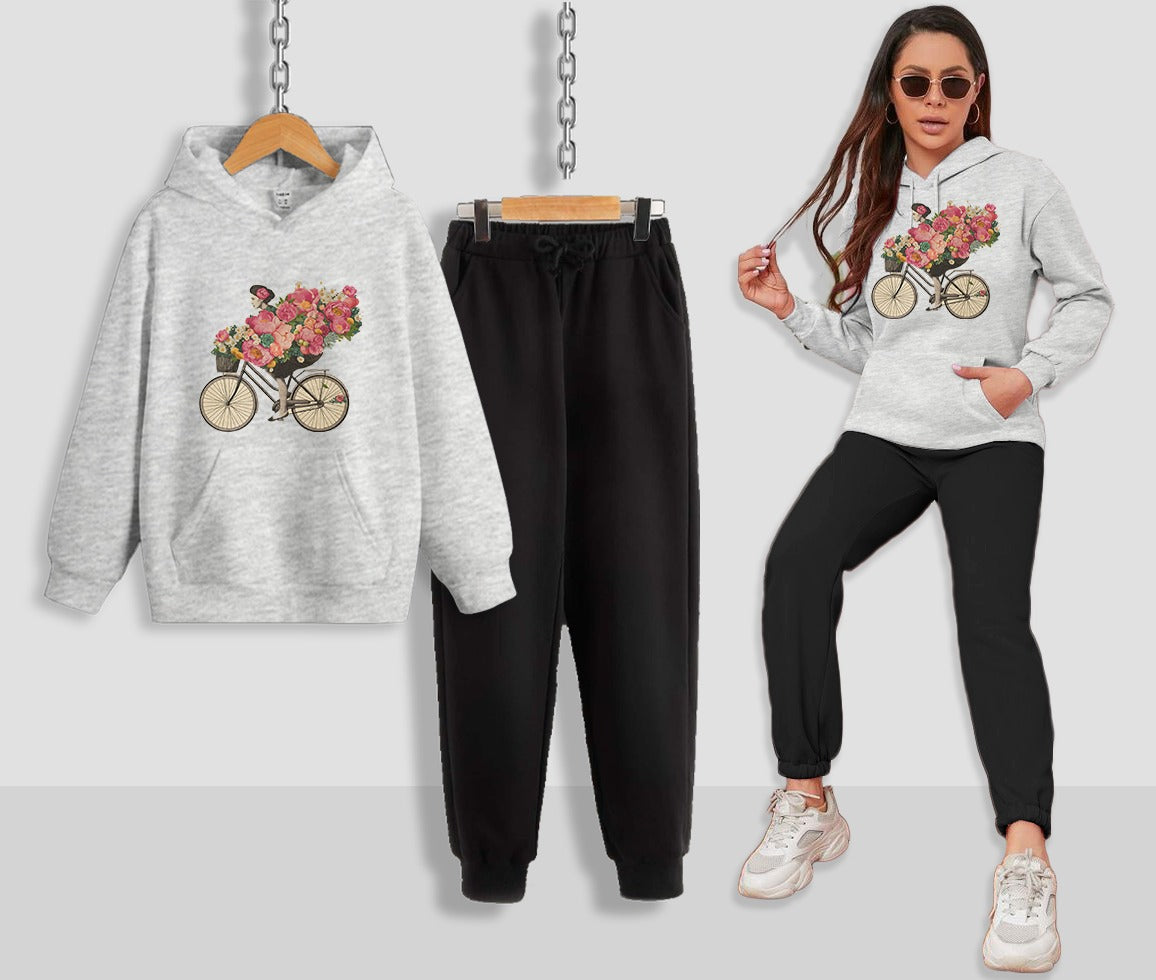 Floral Bicycle Printed Women Hoodie Set