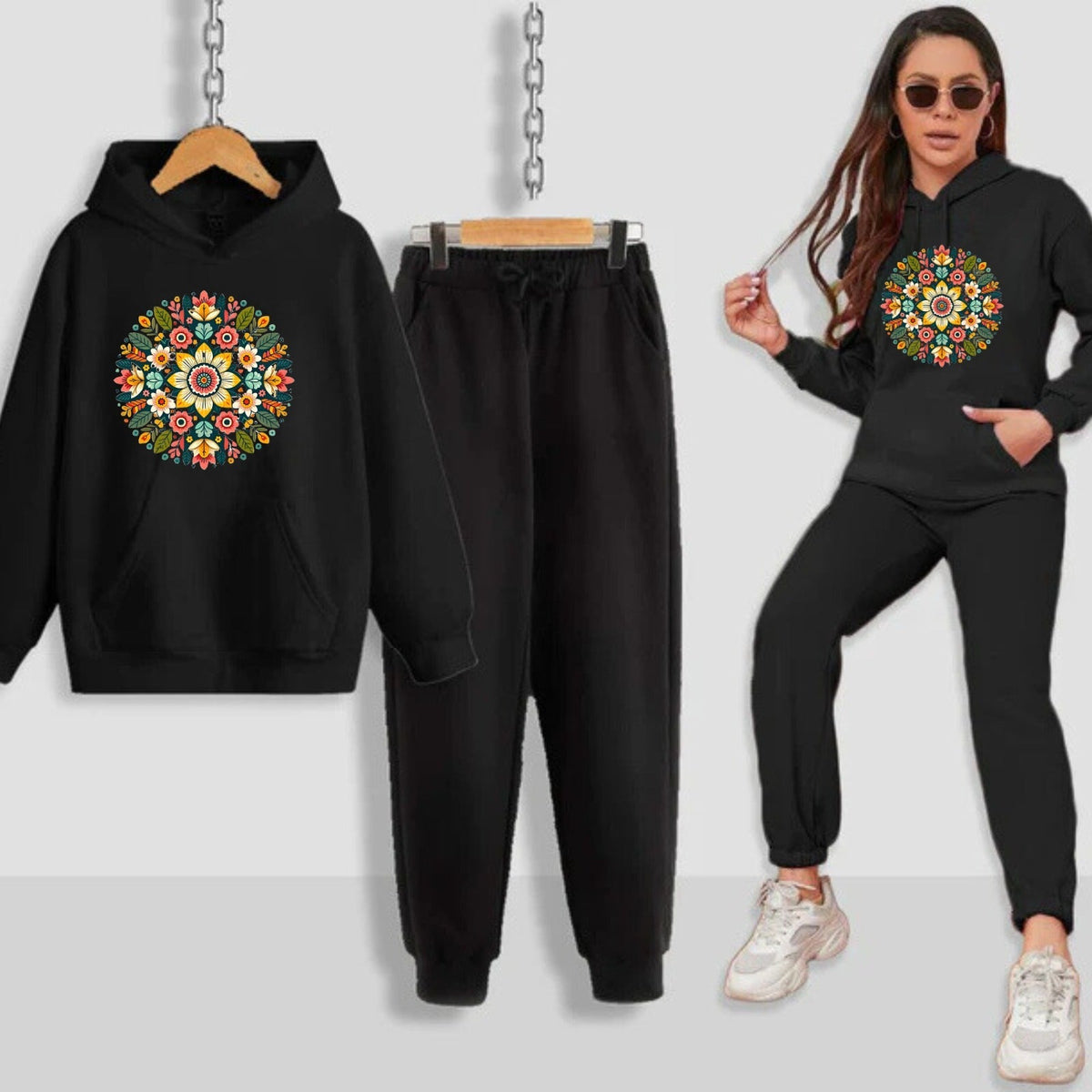 Multi Flower Pattern Printed Women Hoodie Set