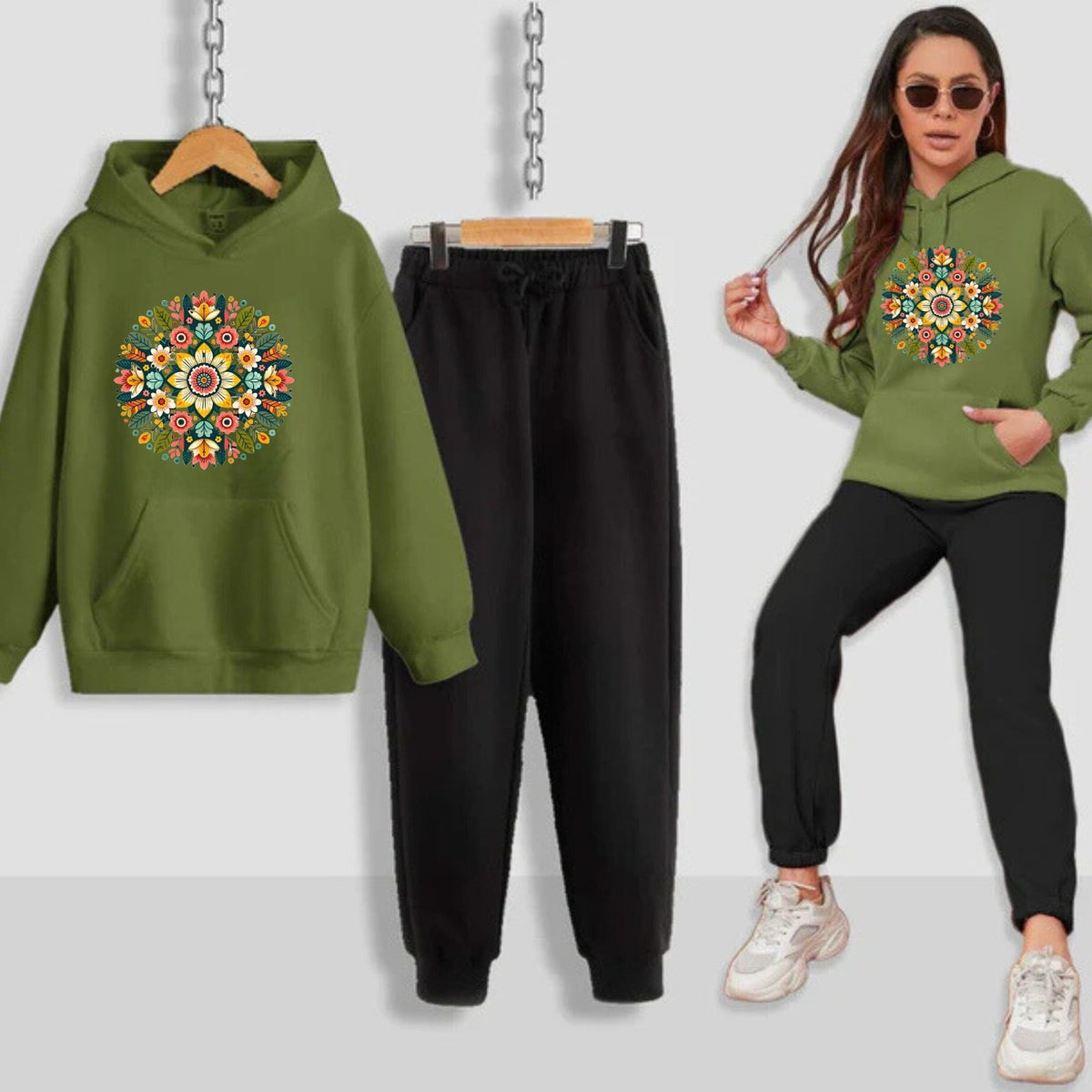 Multi Flower Pattern Printed Women Hoodie Set