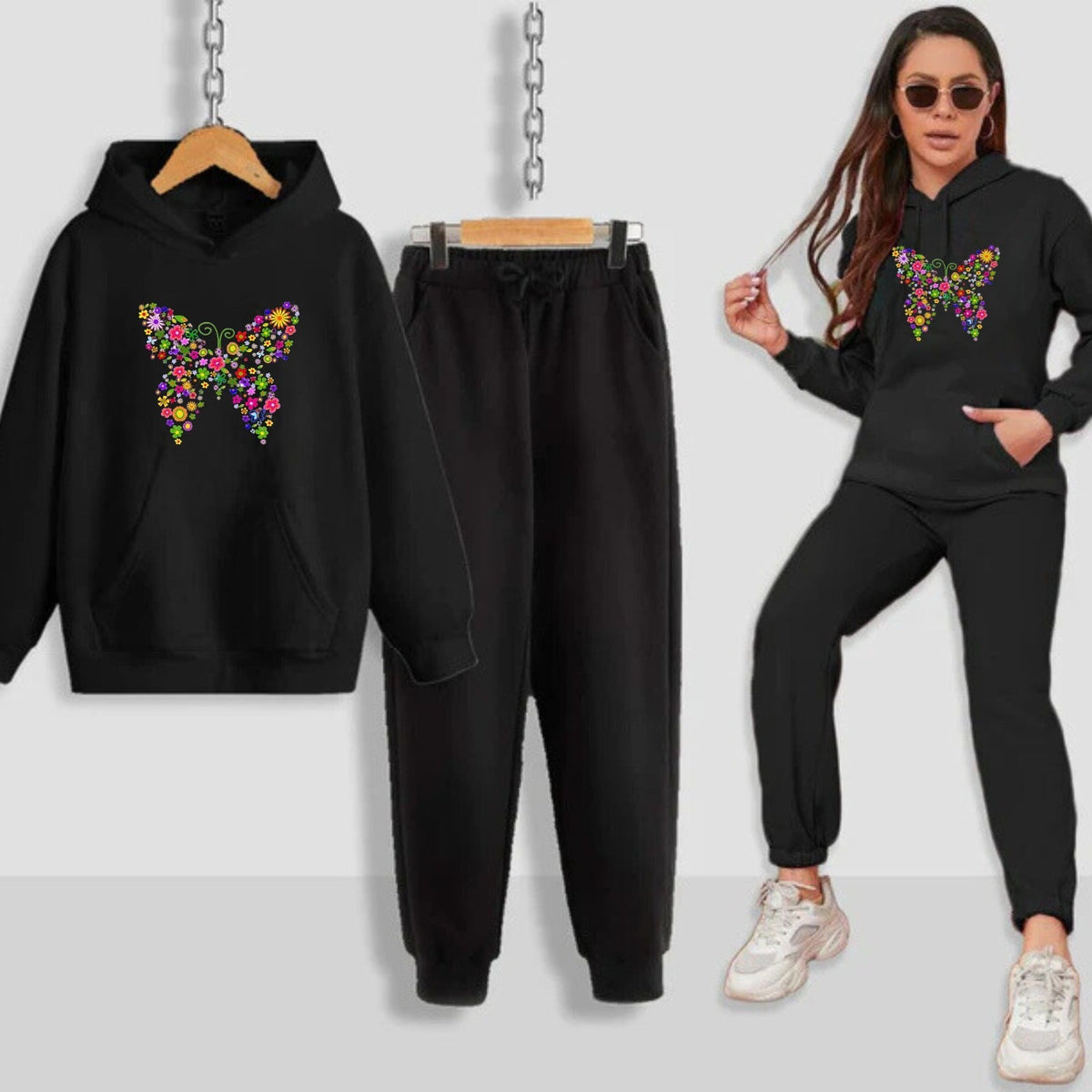 Multi Butterfly Printed Women Hoodie Set