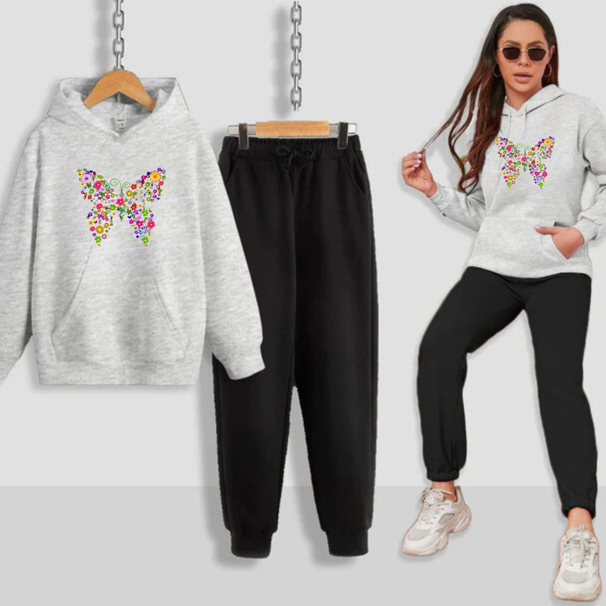 Multi Butterfly Printed Women Hoodie Set