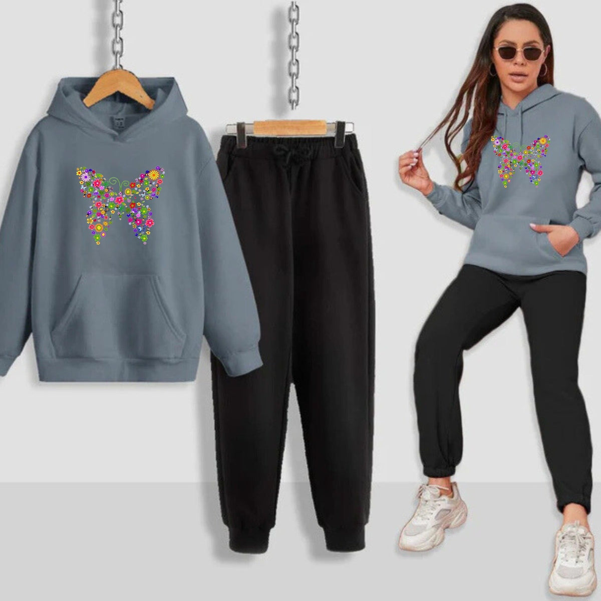 Multi Butterfly Printed Women Hoodie Set