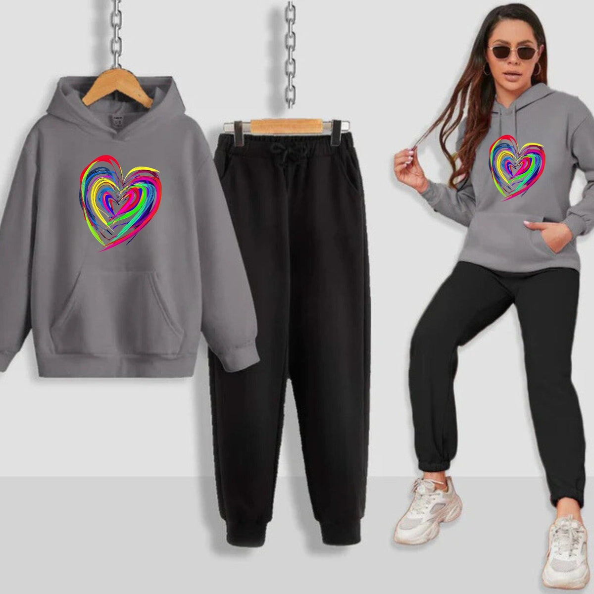 Neon Heart Printed Women Hoodie Set