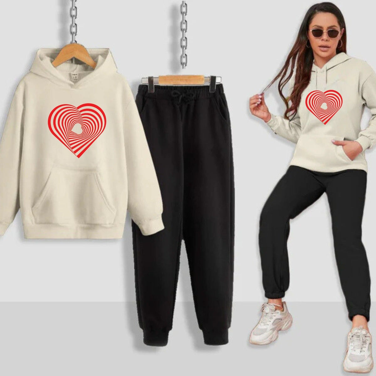 Geometrical Heart Printed Women Hoodie Set