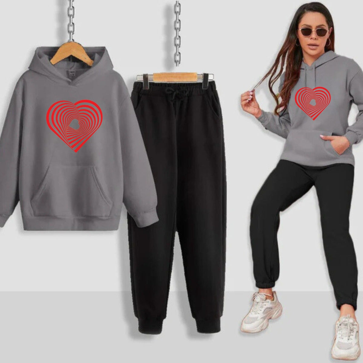 Geometrical Heart Printed Women Hoodie Set