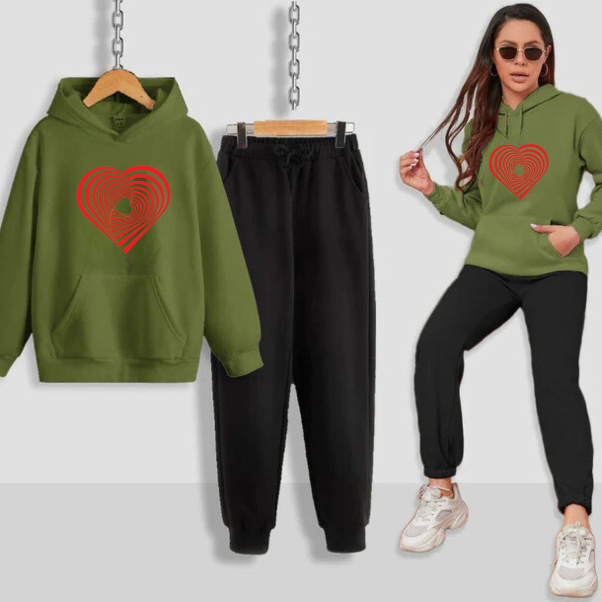 Geometrical Heart Printed Women Hoodie Set