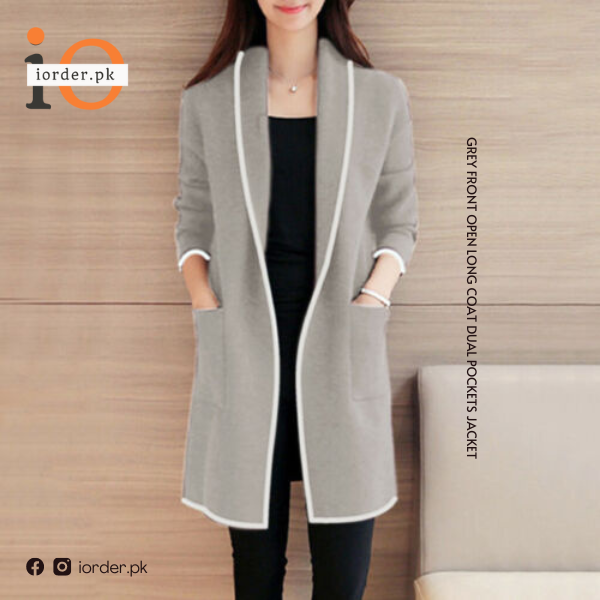 Grey Front Open Long Coat Dual Pockets Jacket